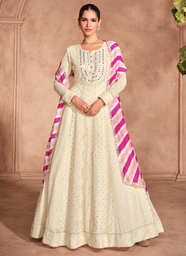 Georgette Cream Party Wear Chikankari Embroidery Work Readymade Gown With Dupatta